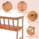 Eucalyptus wood bench featuring slatted design, wrap-around armrests, and reinforced crossbar for patio or garden use.