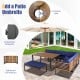 8-piece patio dining set featuring acacia wood, navy cushions, and a 2" umbrella hole for outdoor relaxation.