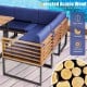 Corner view of the 8-piece patio dining set featuring durable acacia wood and navy cushions, ideal for outdoor.