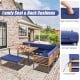 8-piece patio dining set featuring navy cushions, acacia wood table, and ottoman for outdoor relaxation.
