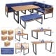 8-piece patio dining set featuring acacia wood table and navy cushions, perfect for backyard or poolside relaxation.