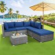 L-shaped 6-piece outdoor rattan sofa set with navy cushions, perfect for patio and garden relaxation.