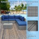 L-shaped 6-piece outdoor rattan sofa set with navy cushions, featuring a sturdy steel frame for patio or garden use.