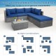 L-shaped 6-piece outdoor rattan sofa set with navy cushions, ideal for flexible arrangements on patio or garden.