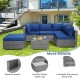 L-shaped outdoor rattan sofa set with navy cushions, featuring a coffee table and sturdy steel frame for patio.