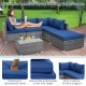 L-shaped 6-piece outdoor rattan sofa set with navy cushions, ideal for patio or garden relaxation.