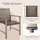 Patio rattan dining chair with acacia wood armrests, featuring a reinforced X-shaped structure and adjustable foot pads.