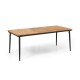 Acacia wood outdoor dining table for 8 with slatted top and umbrella hole, ideal for backyard gatherings.