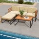 Acacia wood sectional patio furniture set with beige cushions, ideal for poolside relaxation and outdoor gatherings.