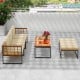 5-piece patio furniture set featuring acacia wood and metal frame, with beige cushions, perfect for outdoor relaxation.