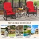 Red cushioned rocking chairs with a 2-tier coffee table, made of PE rattan, perfect for poolside or balcony relaxation.