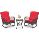 Two red cushioned rocking chairs with a 2-tier coffee table, perfect for backyard or poolside relaxation.
