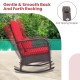 Rocking bistro set with red cushions, featuring a 2-tier coffee table and anti-tipping stopper, ideal for outdoor.