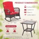 Red rocking chair with soft cushions and 2-tier coffee table, made of PE rattan, perfect for backyard relaxation.