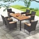 7-piece outdoor dining set with acacia wood tabletop and padded cushions, perfect for backyard dining and relaxation.