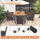 Inclined backrest and armrests of the 7-piece outdoor dining set with acacia wood tabletop for backyard comfort.