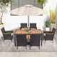 Top view of the 7-piece outdoor dining set showcasing the slatted acacia wood table and padded chairs, perfect for.