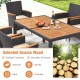 7-piece outdoor dining set featuring a slatted acacia wood tabletop and padded cushions, perfect for backyard.