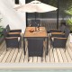 7-piece outdoor dining set featuring a slatted acacia wood tabletop, padded cushions, and a large umbrella hole for.