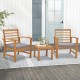Two acacia wood chairs with gray cushions and a matching table, perfect for outdoor relaxation in any setting.