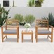 Two acacia wood chairs with gray cushions and a matching table, perfect for outdoor relaxation in a patio setting.