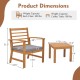Dimensions of the 3-piece outdoor furniture set with acacia wood frame and gray soft seat cushions, ideal for outdoor.