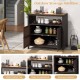 Rattan storage cabinet with acacia wood countertop, featuring open compartments and enclosed space for outdoor patio.