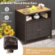 Rattan storage cabinet with acacia wood countertop, featuring a 3.5" clearance, perfect for outdoor patio or poolside.