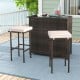 Patio bar set featuring a brown rattan table with tempered glass top and two cushioned stools for outdoor relaxation.