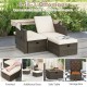 Outdoor patio rattan daybed with beige cushions, adjustable backrests, and 4-in-1 ottomans for versatile outdoor use.