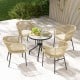 Set of 4 yellow patio chairs with curved backrests and cushions, ideal for outdoor relaxation and support.