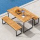 Acacia wood dining table for 6 with slatted top and umbrella hole, perfect for outdoor patios and gardens.