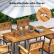 Acacia wood dining table for 6 with slatted tabletop and integrated umbrella hole, ideal for outdoor shading.