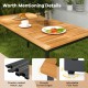 Acacia wood dining table for 6 with slatted top, powder-coated metal legs, and adjustable foot pads for outdoor use.