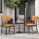 Two patio dining chairs made of acacia wood and metal, featuring a slatted design for comfort and modern-rustic charm.