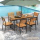 Patio dining chair set featuring acacia wood and metal frame, designed for comfort and durability in outdoor settings.