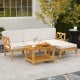 L-shaped acacia wood patio sofa with white cushions, perfect for versatile outdoor arrangements in gardens or backyards.
