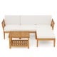 L-shaped acacia wood patio furniture set with white cushions and a 2-tier coffee table, perfect for outdoor relaxation.