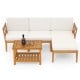 Acacia wood patio furniture set with white cushions and 2-tier coffee table, perfect for outdoor relaxation.