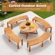 Curved outdoor bench made of acacia wood, featuring a slatted seat, ideal for backyard or poolside use.