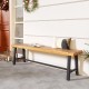 Backless 63-inch acacia wood outdoor bench with metal legs, ideal for patio or entryway seating for three people.