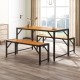 Rectangular acacia wood dining table with two benches, perfect for outdoor patios and dining spaces.