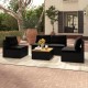 5-piece outdoor furniture set featuring black PE rattan, soft cushions, and a solid tabletop, ideal for backyard.