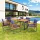 Outdoor acacia wood dining chairs set of 6 with navy seat back cushions, perfect for poolside or backyard dining.