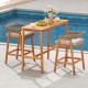 Acacia wood counter height table with slatted tabletop, ideal for poolside gatherings and outdoor dining.
