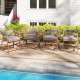 Set of 4 outdoor acacia wood patio wicker dining chairs with gray seat cushions, perfect for poolside relaxation.