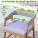 Outdoor acacia wood dining chair with gray seat cushion, featuring a wrap-around backrest for comfort and support.