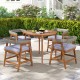 Round 36-inch acacia wood outdoor dining table for 4, featuring slatted design and sturdy construction, ideal for patio.