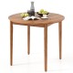 Round 36-inch acacia wood outdoor dining table for 4, featuring slatted design and adjustable foot pads for stability.