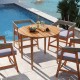 Round 36-inch acacia wood outdoor dining table for 4, featuring slatted design and sturdy construction, perfect for.